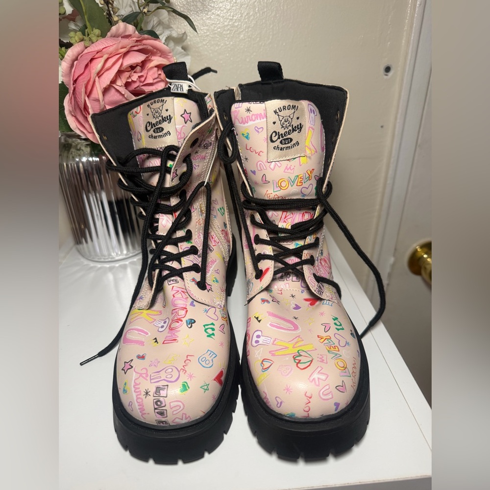 Zara Kuromi Graphic Combat Boots - Light Pink with Black Trim